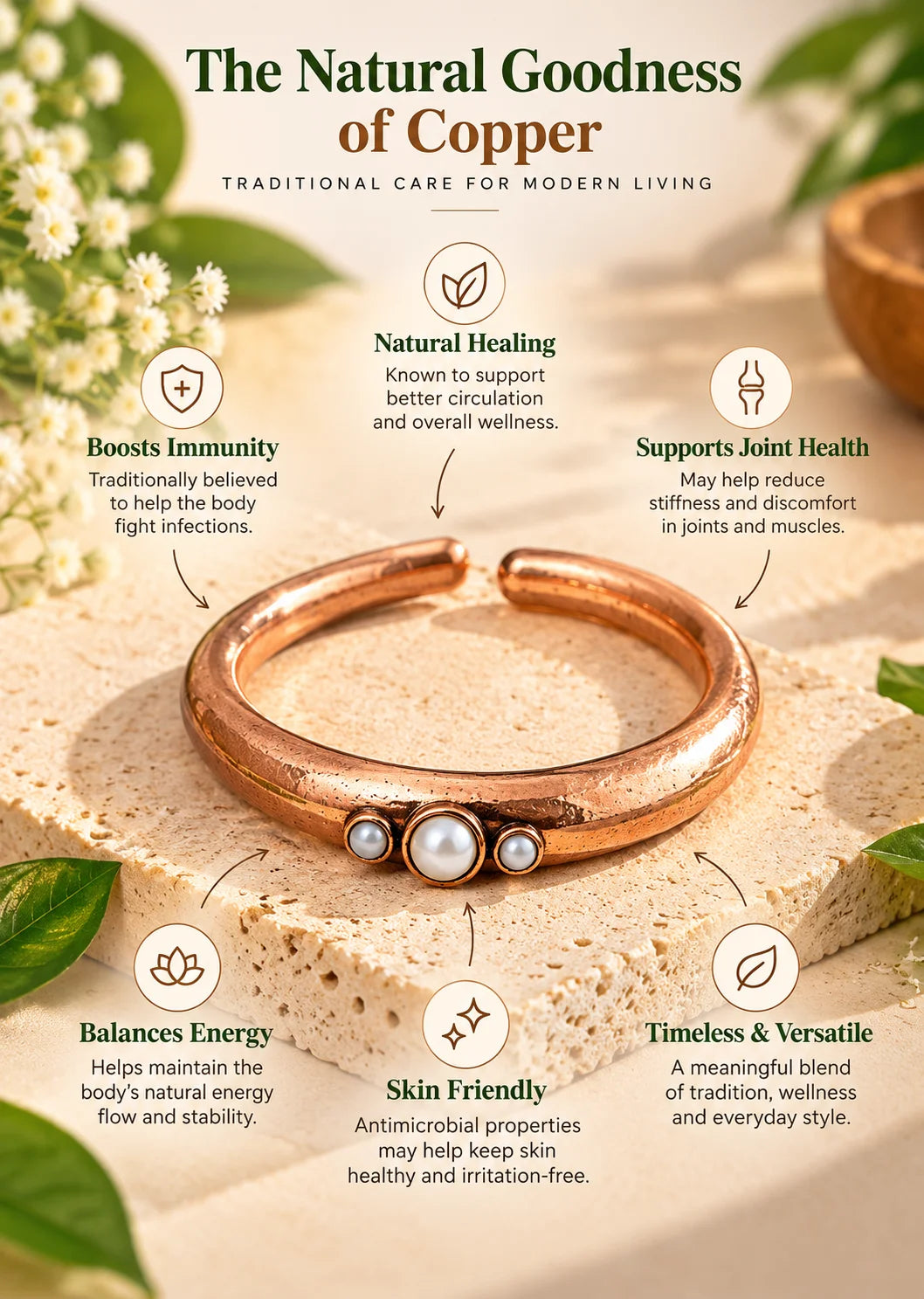 Pure copper armlet with pearl beads product view