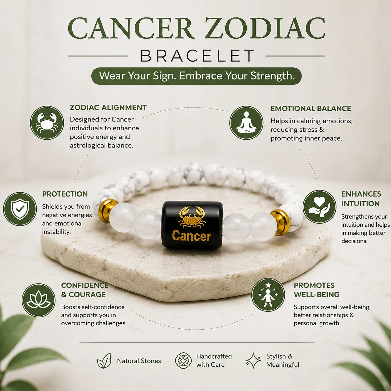 Cancer Zodiac Howlite & Milky Quartz Gemstone Bracelet | Certified Natural Crystal Bracelet for Emotional Balance, Calmness, Intuition & Protection