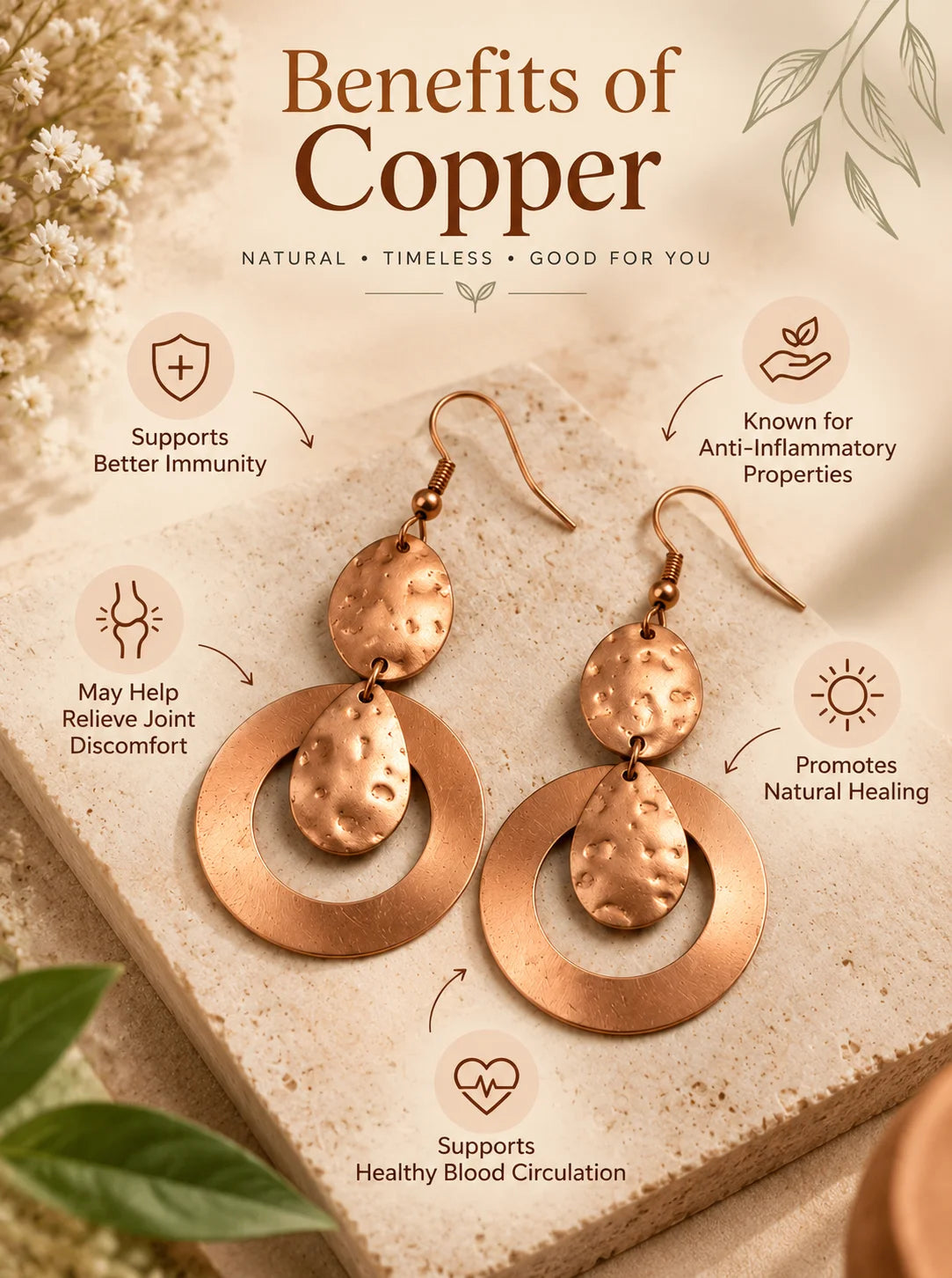 Hammered round handmade copper drop earrings jewellery detail