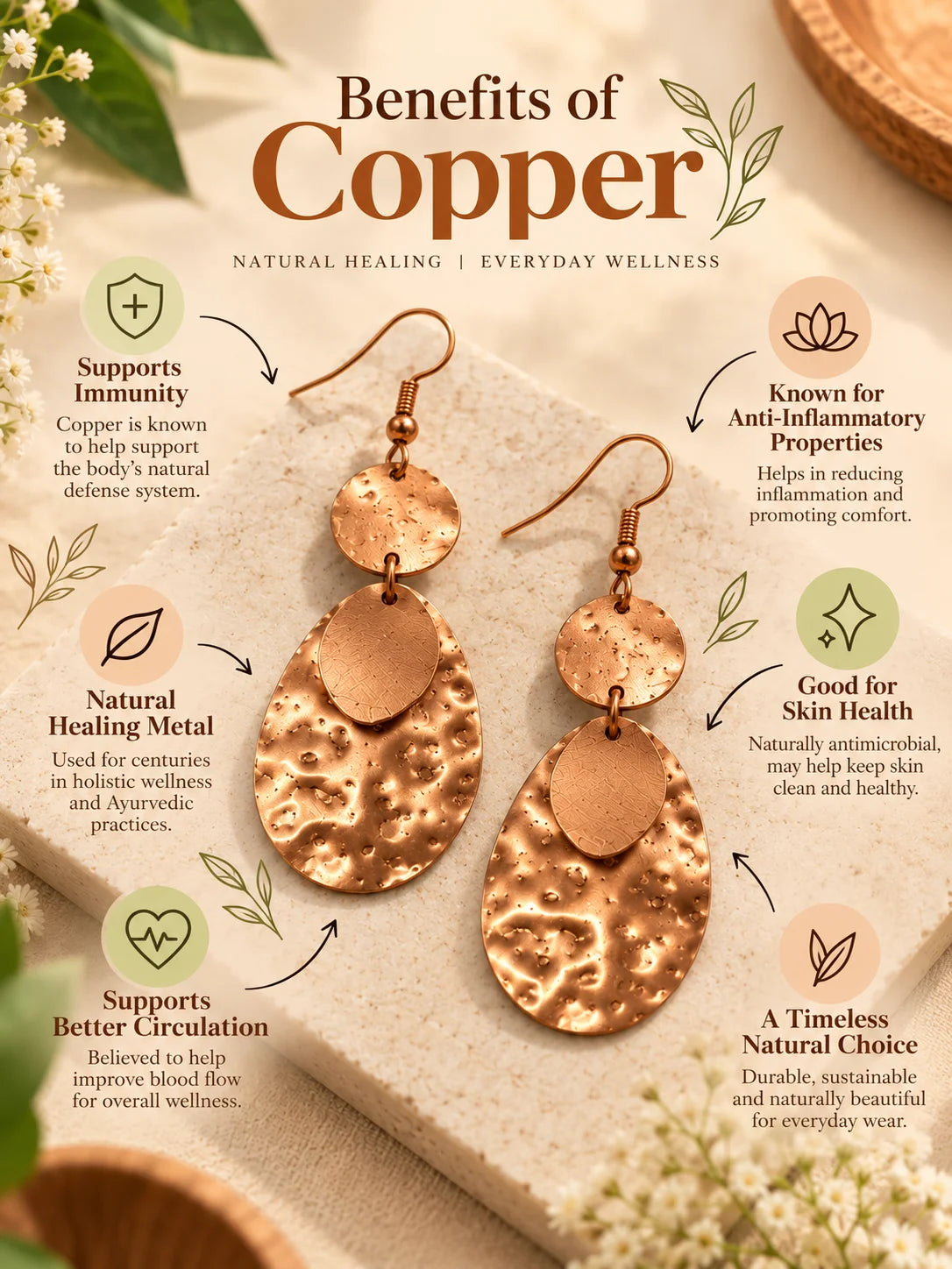 Hammered copper drop earrings details