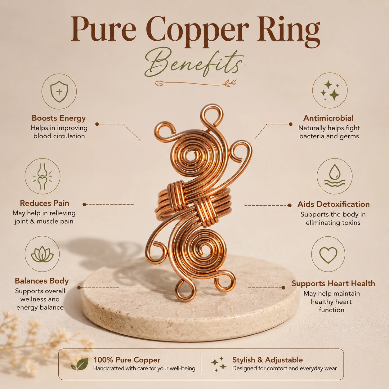 Handmade Adjustable Pure Copper Designer Ring for Women | Artisan Wellness Jewelery (Copy)