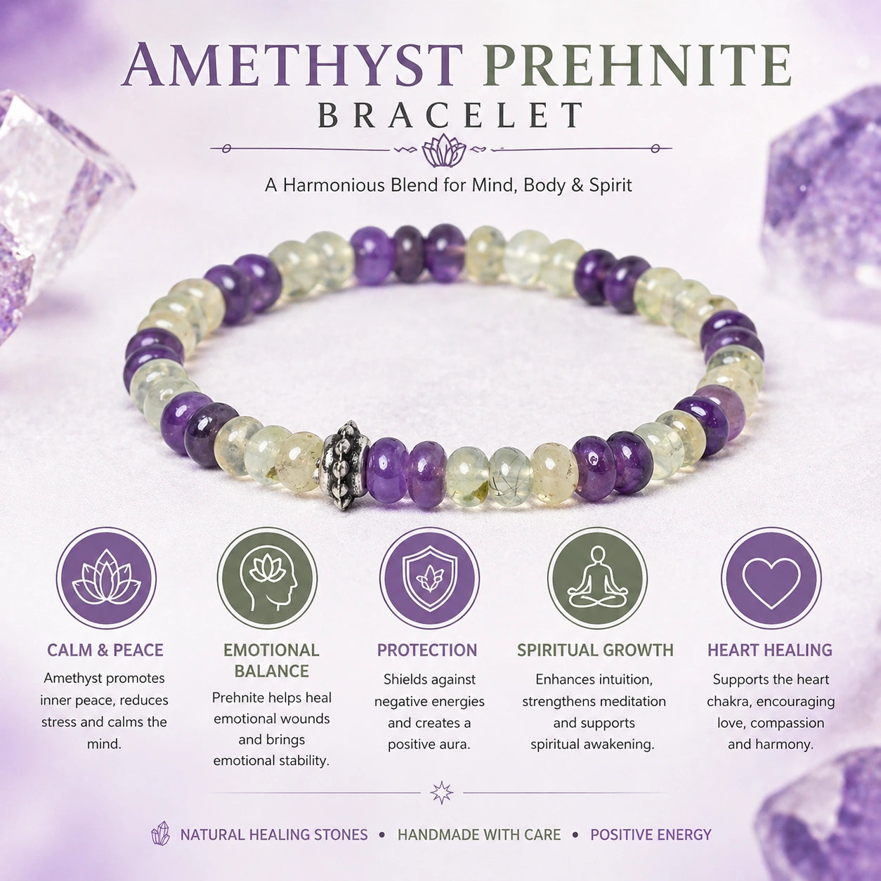 Amethyst and Prehnite Certified Gemstone Bracelet