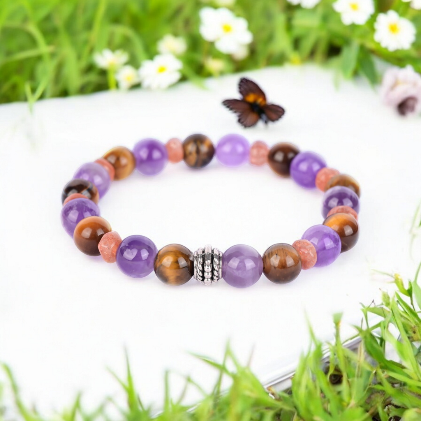 Amethyst, Tiger's Eye, and Sunstone Certified Gemstone Bracelet
