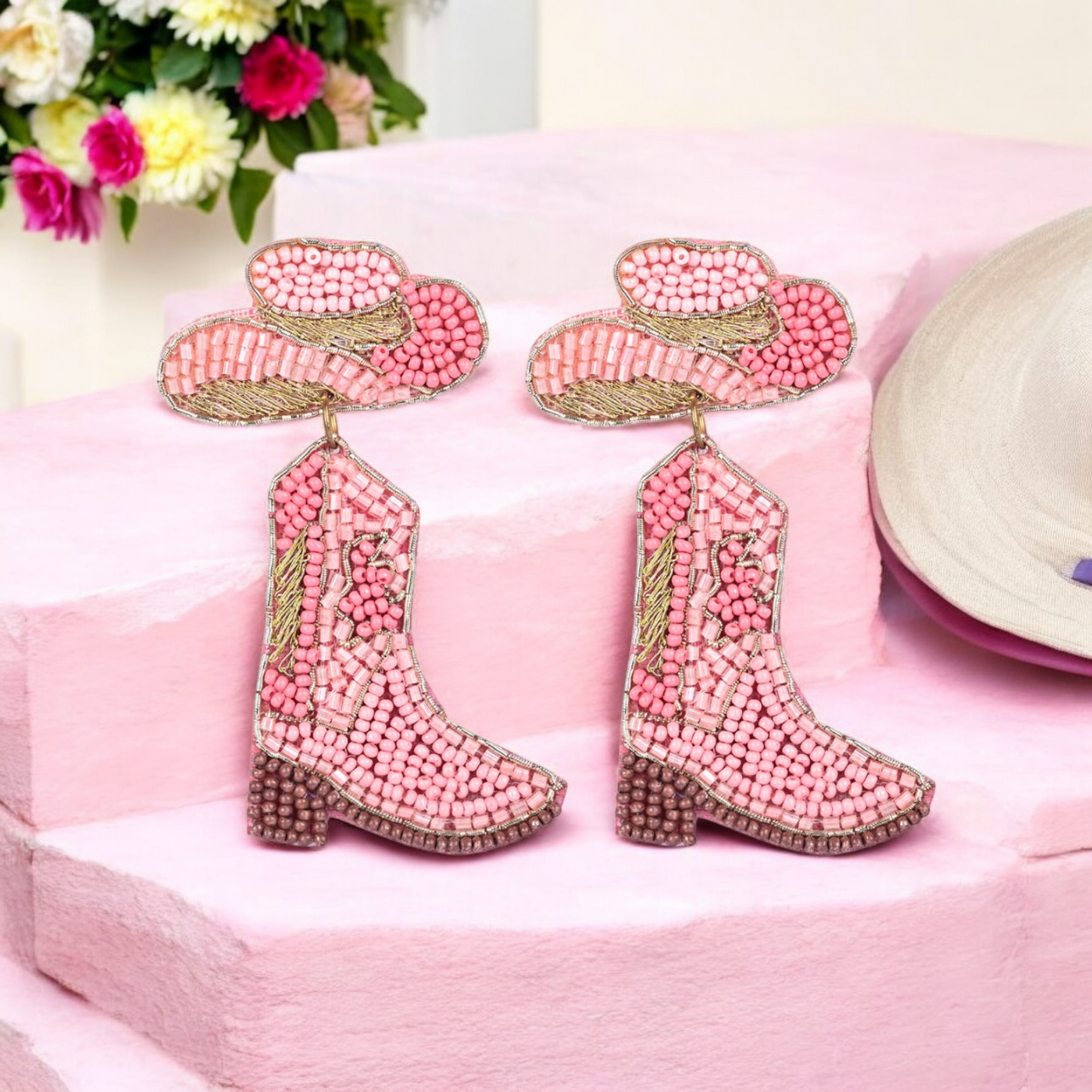 Pink Beaded Cowboy Boot and Hat Statement Earrings