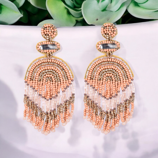 Boho Chic Beaded Dangle Earrings - Peach and Gold Statement Jewellery