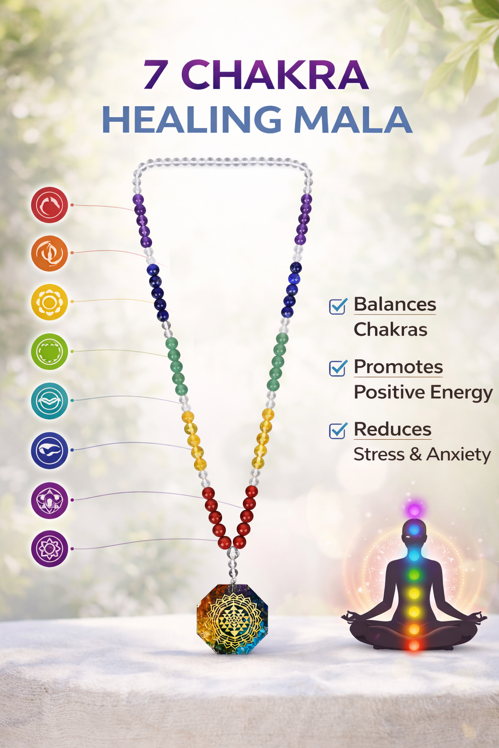 Seven Chakra Healing Crystal Certified Gemstone Jaap Mala 108 beads
