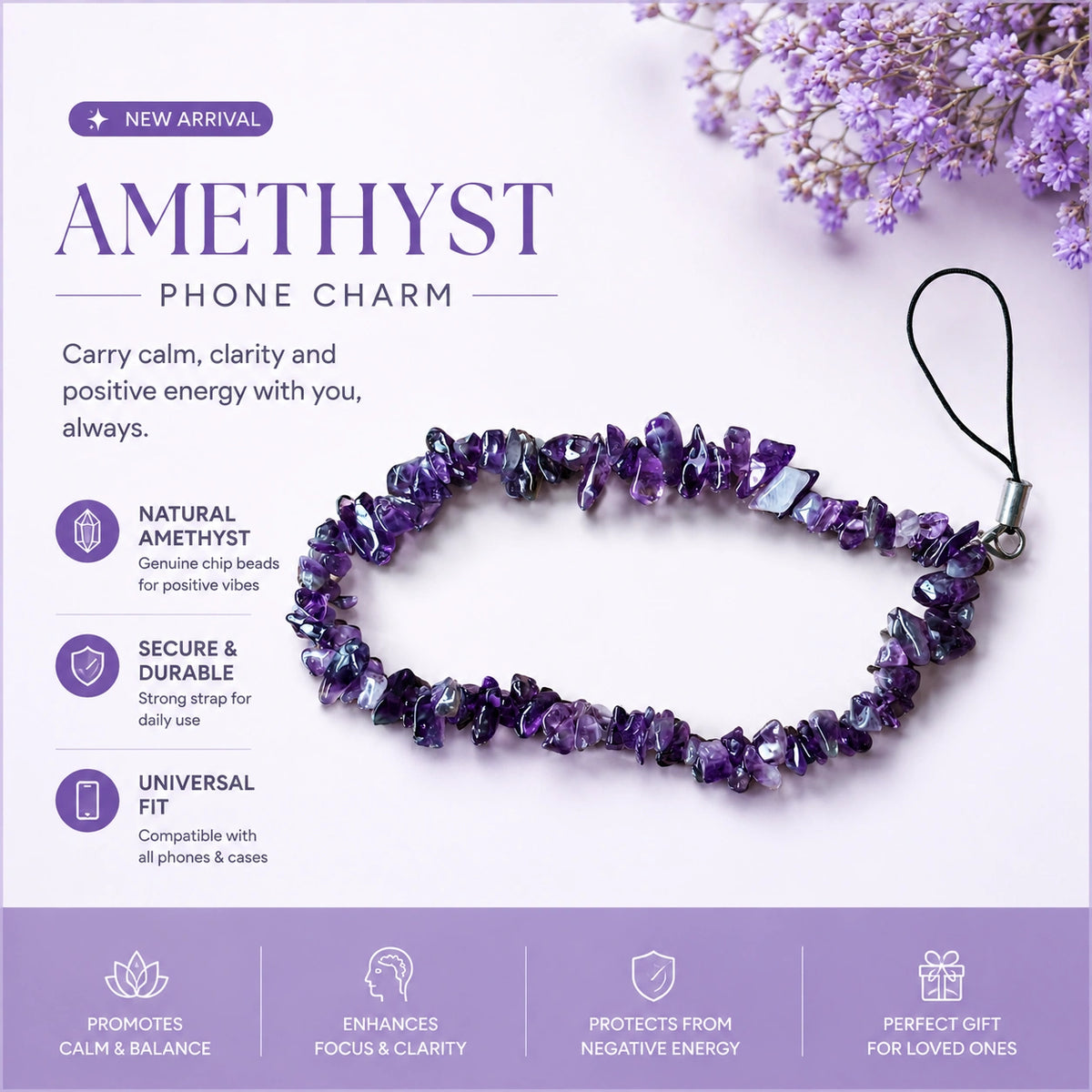 Amethyst Crystal Mobile Charm for Positive Energy