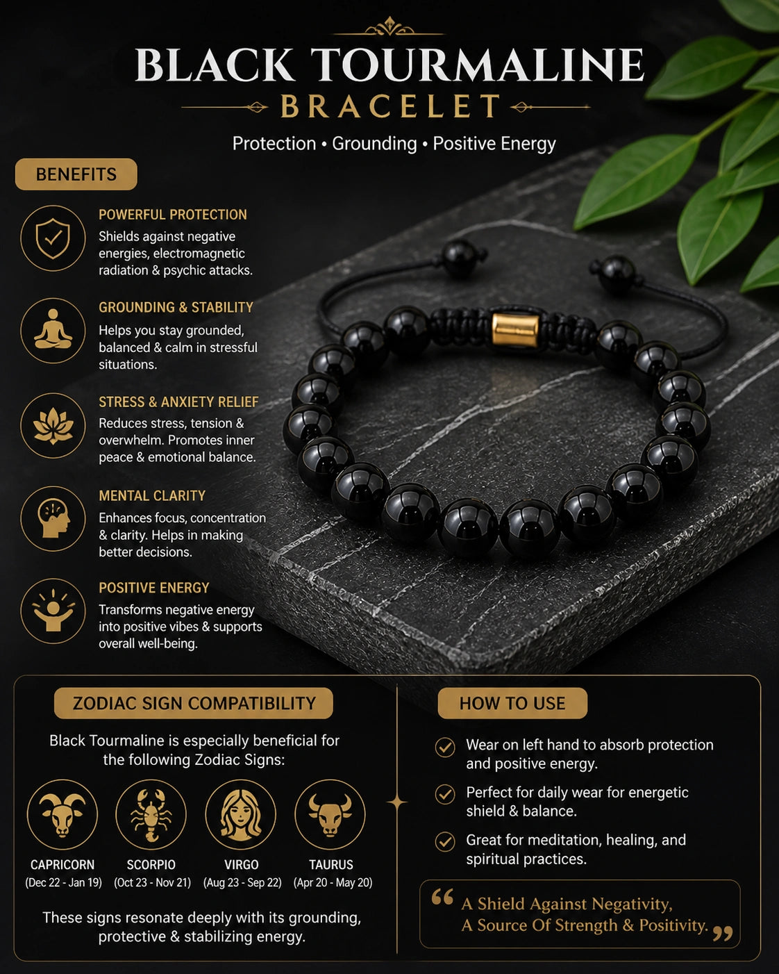 Black Tourmaline Bracelet for Protection, Grounding & Positive Energy
