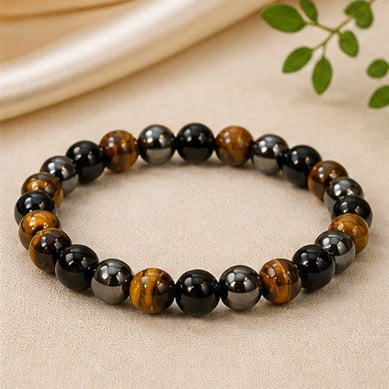 Black Obsidian, Tiger Eye & Hematite Bracelet for Protection, Clarity & Grounding