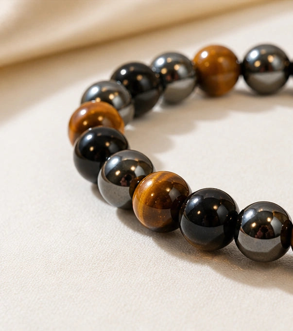 Black Obsidian Tiger Eye Hematite Bracelet – Grounding & Energy Healing Crystal
