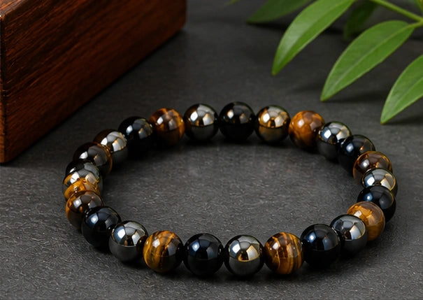 Black Obsidian, Tiger Eye & Hematite Bracelet – For Cleansing, Clarity, Grounding & Strong Mind