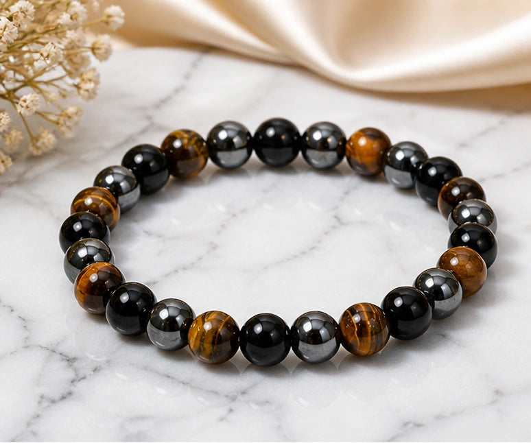 Protection Crystal Bracelet – Black Obsidian, Tiger Eye & Hematite for Stability