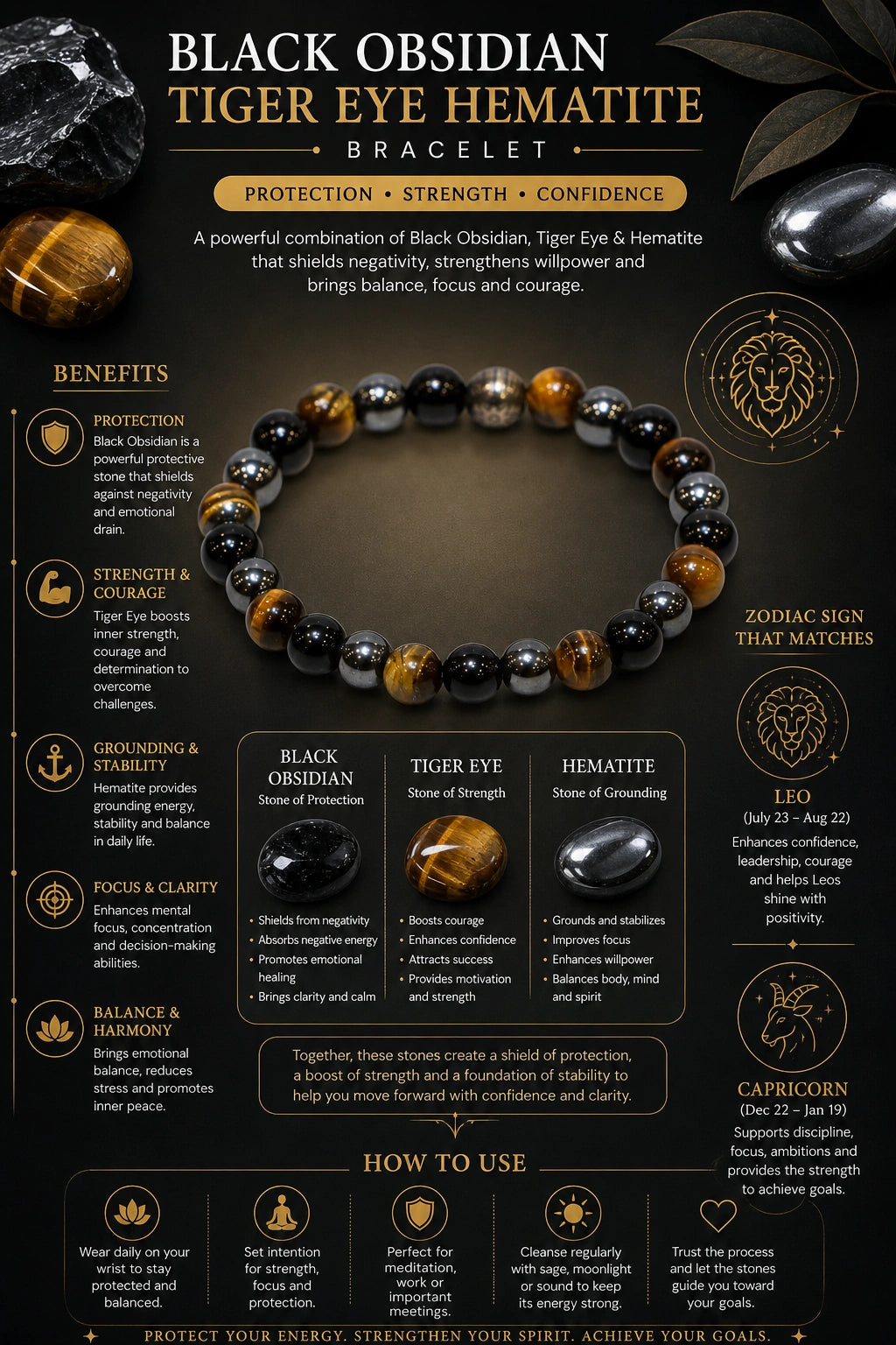 Unisex Triple Stone Bracelet – Grounding, Positivity & Negative Energy Protection
