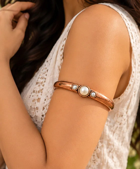 Minimalist pure copper armlet with pearl beads accents