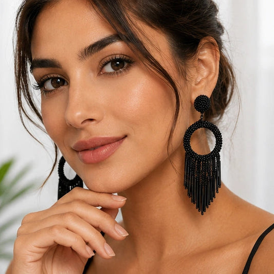 Black Beaded Hoop Earrings with Black Fringe