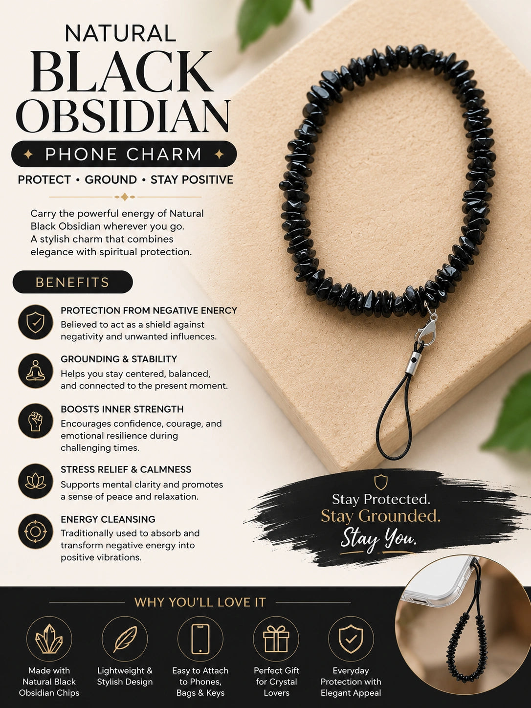 Black Obsidian Healing Crystal Mobile Charm