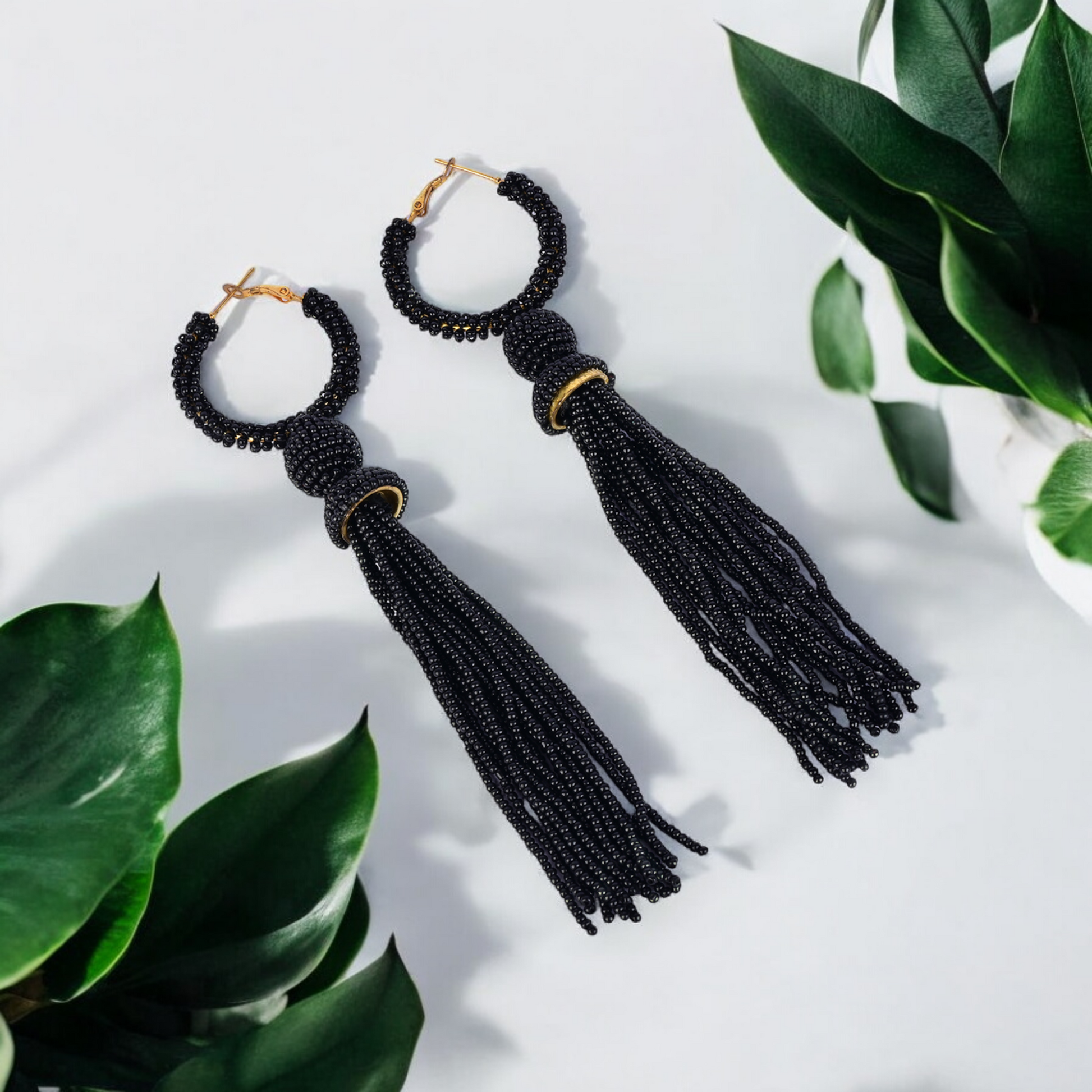 Boho Black Tassel Statement Earrings