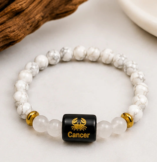 Cancer Zodiac Howlite & Milky Quartz Gemstone Bracelet | Certified Natural Crystal Bracelet for Emotional Balance, Calmness, Intuition & Protection