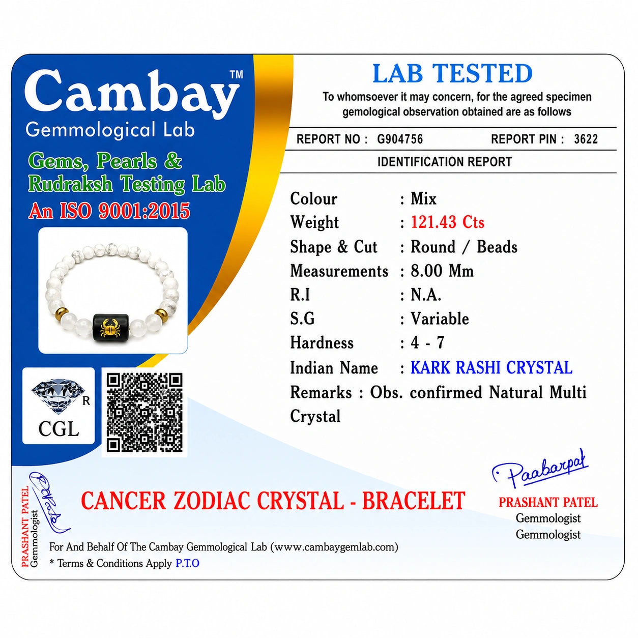Cancer Zodiac Howlite & Milky Quartz Gemstone Bracelet | Certified Natural Crystal Bracelet for Emotional Balance, Calmness, Intuition & Protection