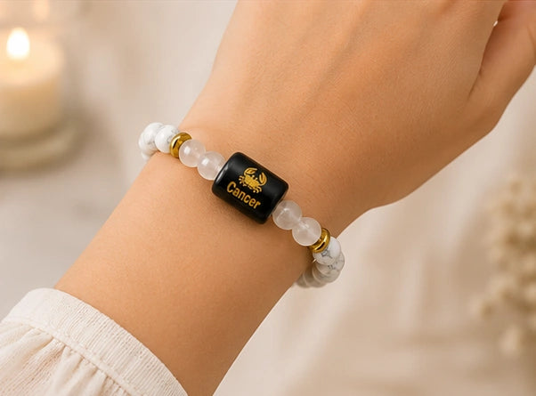 Cancer Zodiac Howlite & Milky Quartz Gemstone Bracelet | Certified Natural Crystal Bracelet for Emotional Balance, Calmness, Intuition & Protection