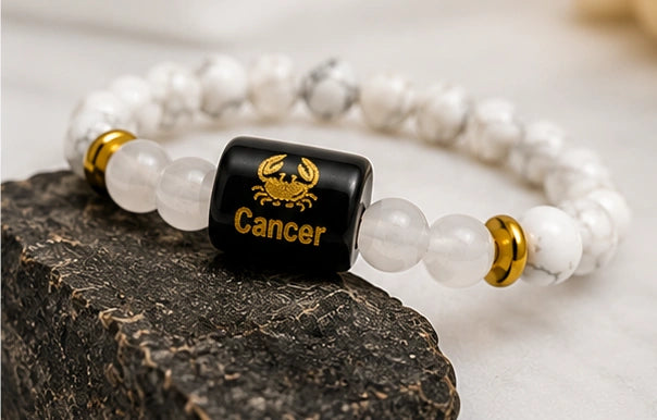 Cancer Zodiac Howlite & Milky Quartz Gemstone Bracelet | Certified Natural Crystal Bracelet for Emotional Balance, Calmness, Intuition & Protection