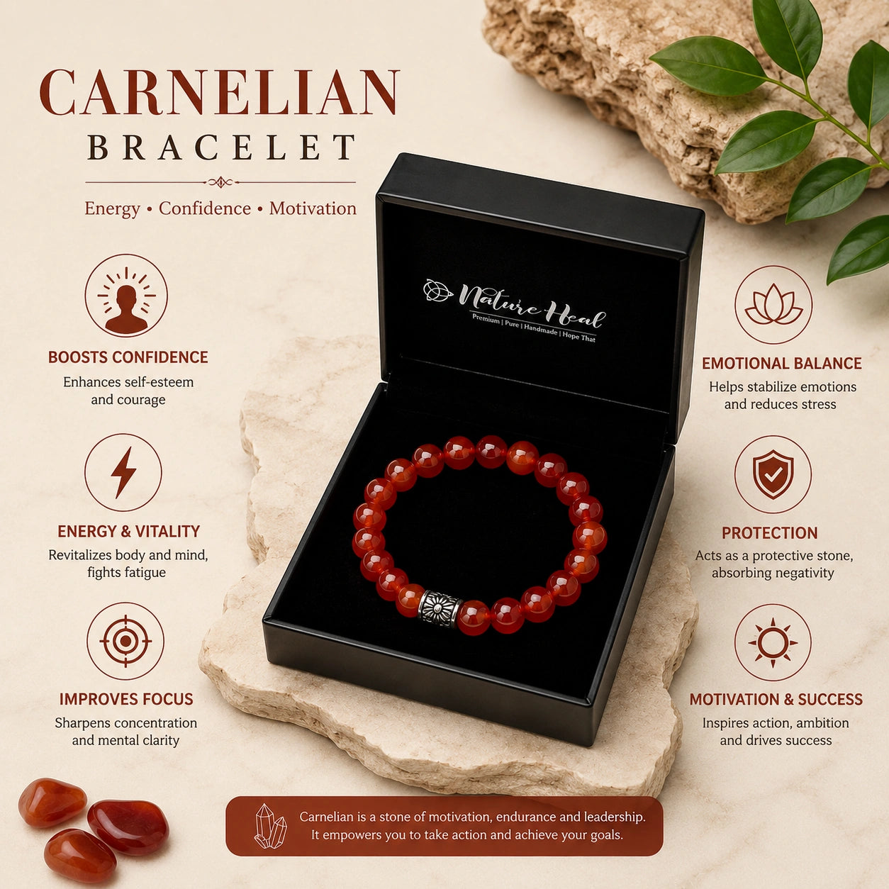 Carnelian Stone Certified Gemstone Bracelet – Confidence, Energy & Motivation