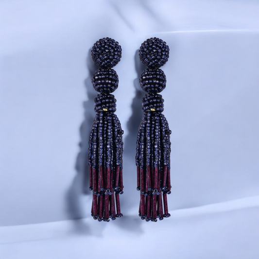 Chic Navy Blue Beaded Tassel Earrings