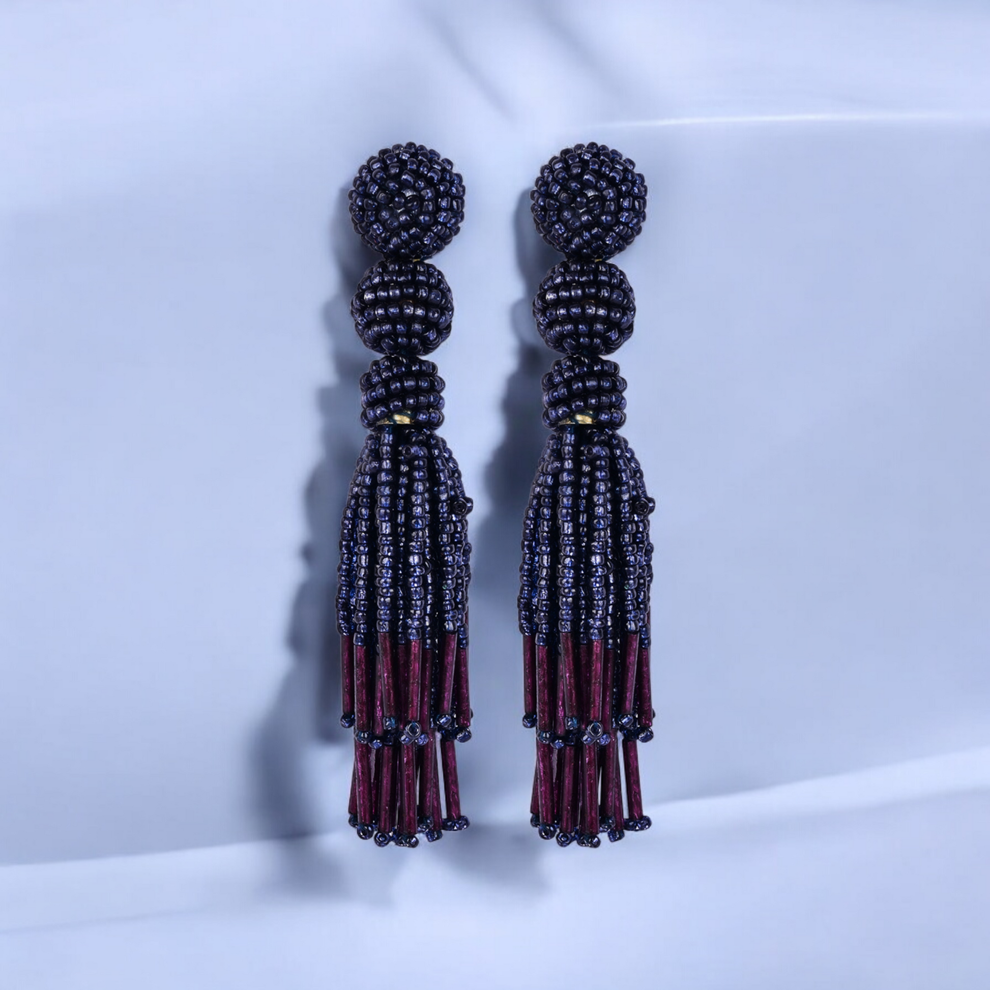 Chic Navy Blue Beaded Tassel Earrings