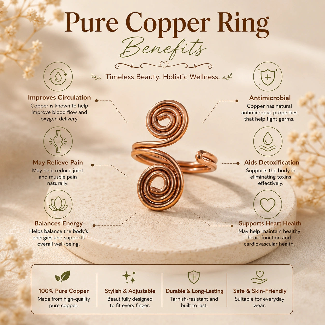 Nature Heal Adjustable Spiral Pure Copper Ring for Women | Handmade Double Spiral Copper Ring | Ayurvedic Wellness Jewelery