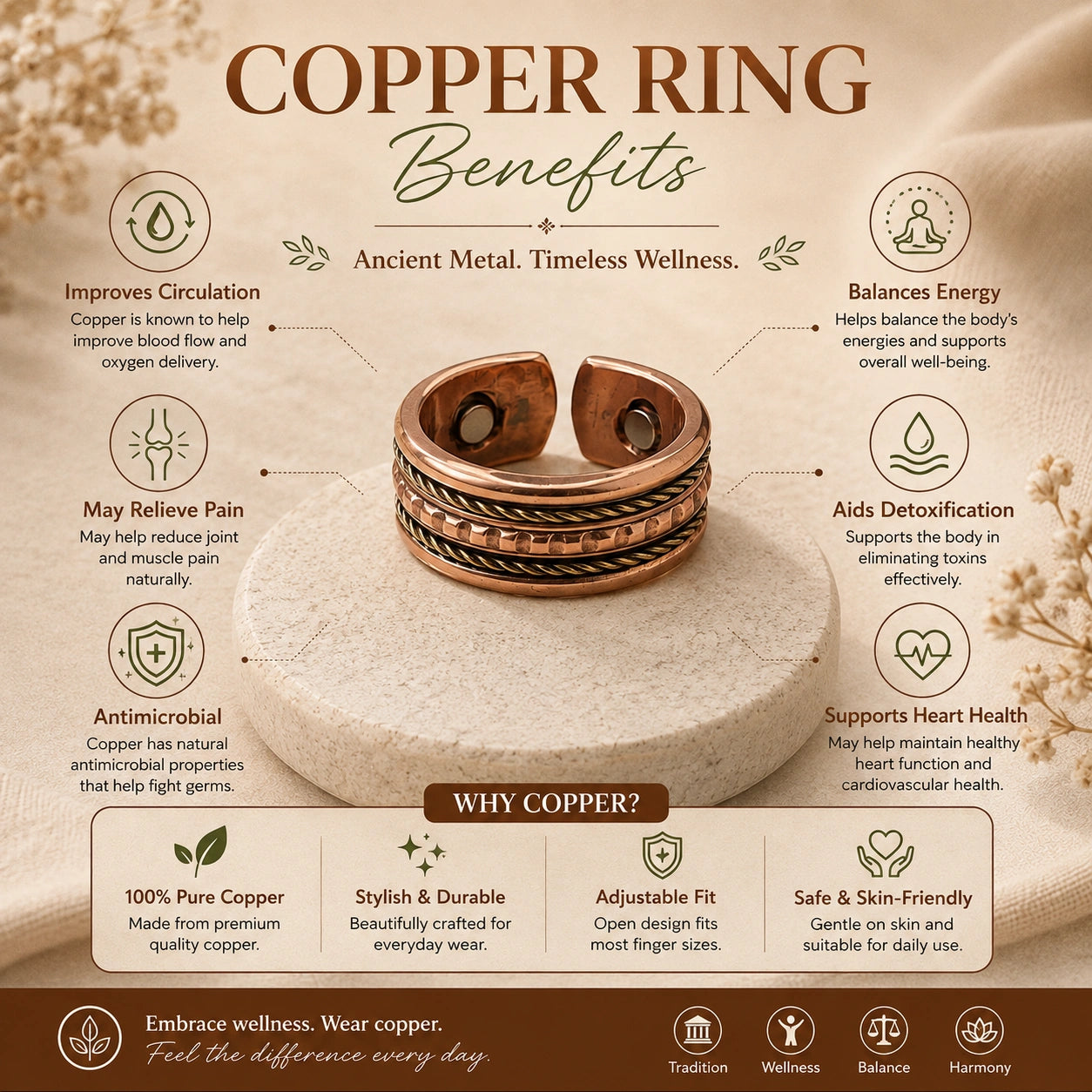 Adjustable Copper Magnetic Ring for Men & Women | Pure Copper Ring with Magnets | Ayurvedic Wellness Ring