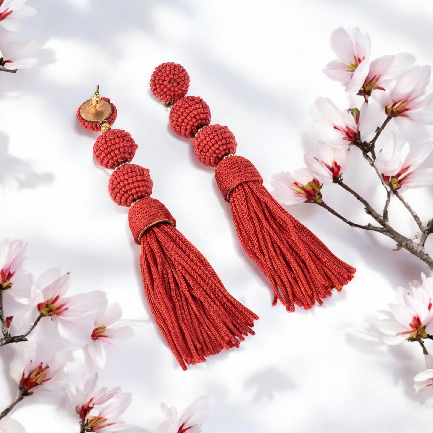 Elegant Red Beaded Tassel Earrings