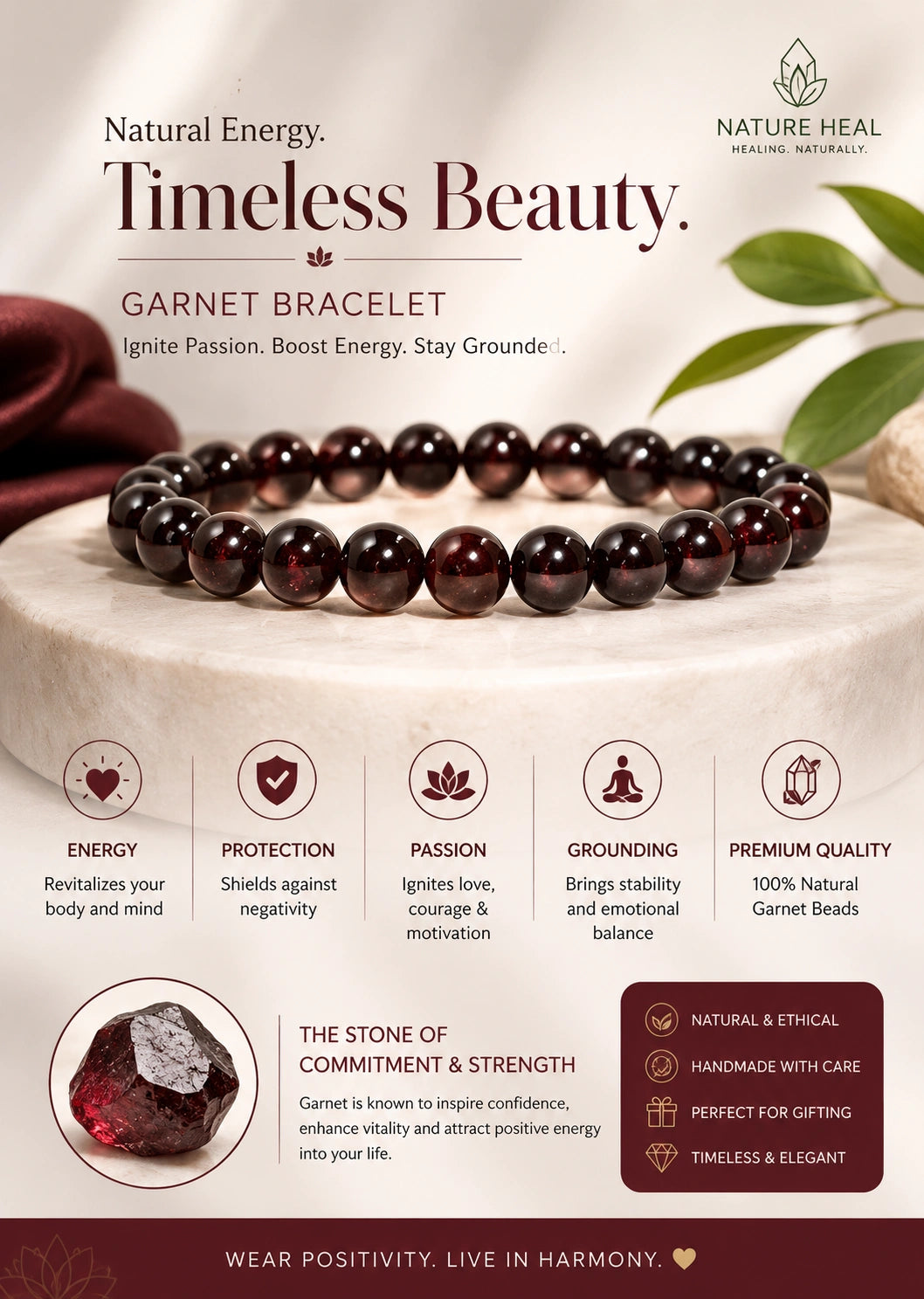Natural Red Garnet Certified Gemstone Bracelet – For Prosperity, Emotional Healing, Heart Chakra & Positive Growth