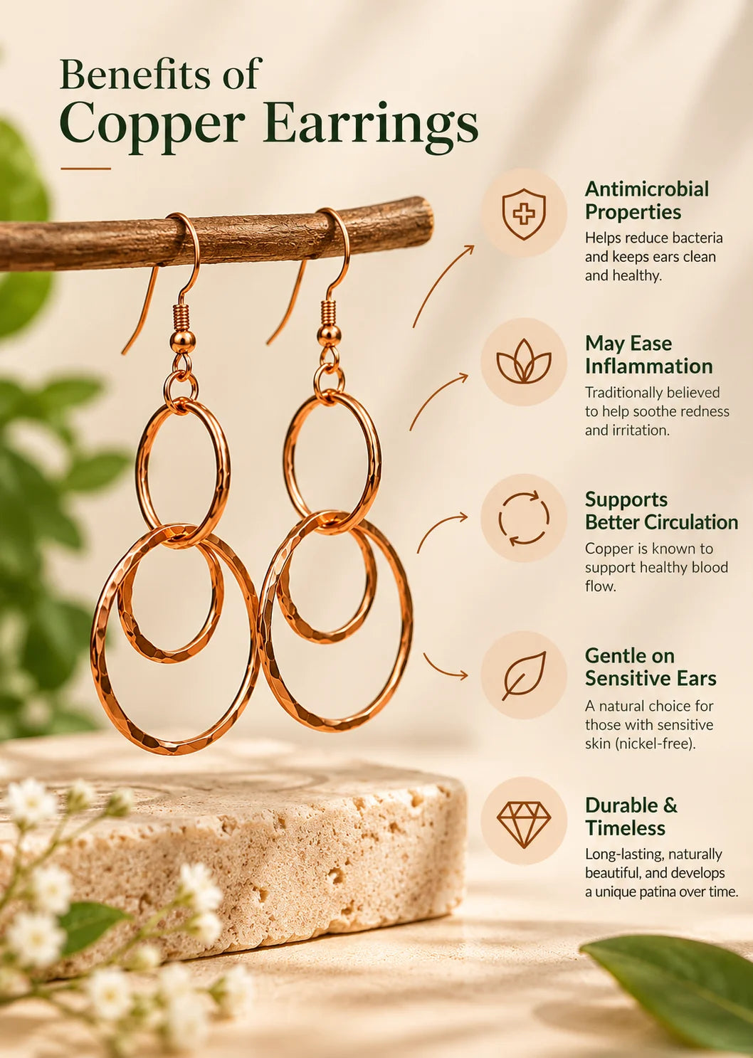 Copper drop earrings for women with a lightweight layered design