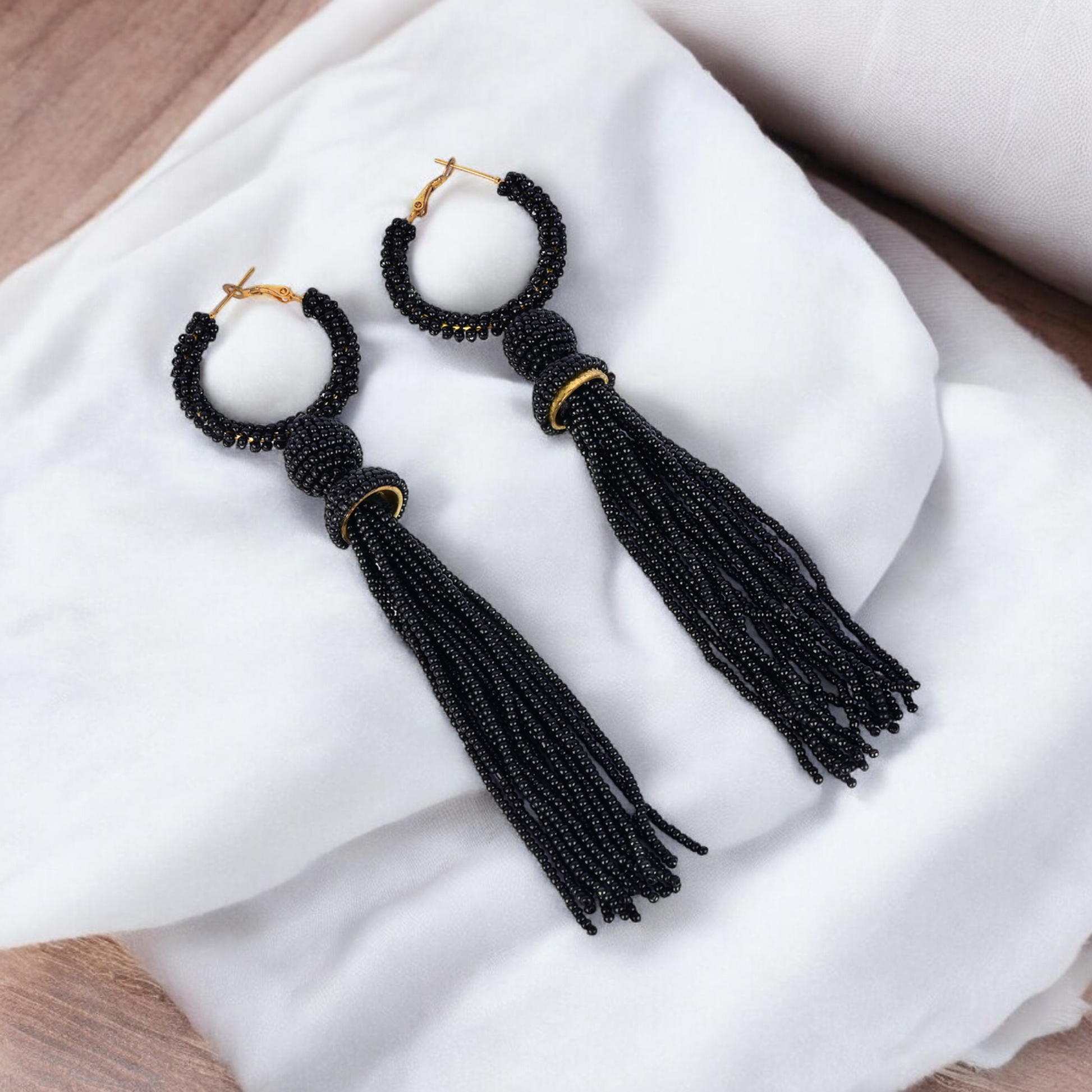 Handmade Black Beaded Tassel Earrings