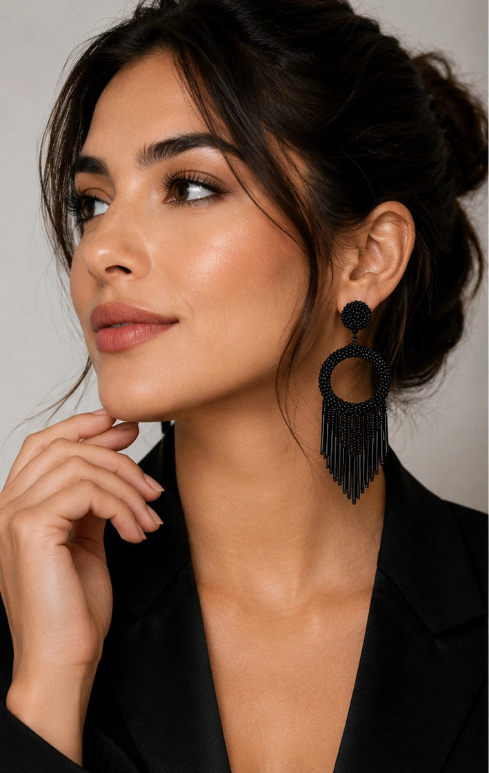 Handmade Black Fringe Earrings for Women
