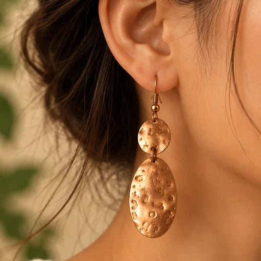 Hammered Copper Oval Drop Earrings.