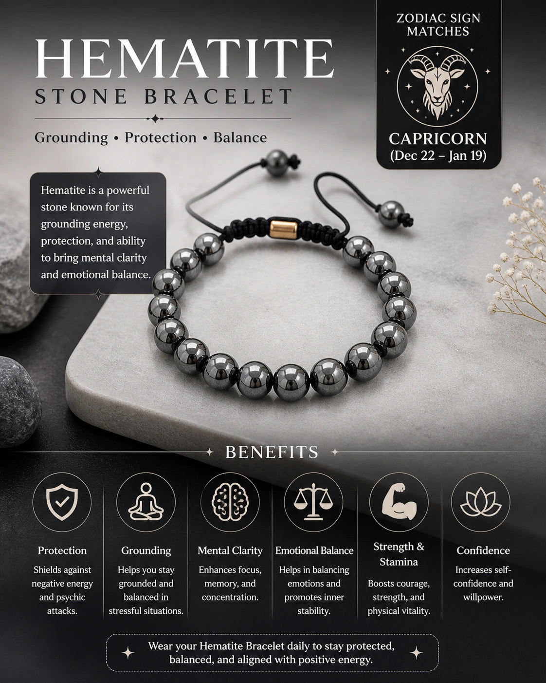 Hematite Healing Bracelet – Root Chakra Protection & Energy Balance