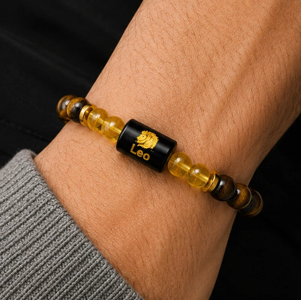 Leo Zodiac Tiger Eye & Citrine Gemstone Bracelet | Certified Natural Crystal Bracelet for Confidence, Leadership, Success & Prosperity