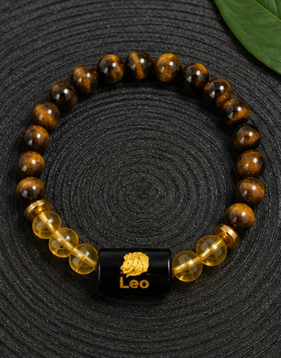 Leo Zodiac Tiger Eye & Citrine Gemstone Bracelet | Certified Natural Crystal Bracelet for Confidence, Leadership, Success & Prosperity