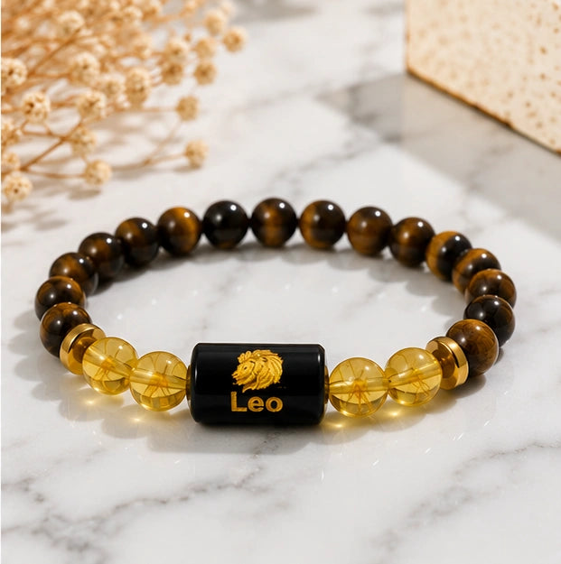 Leo Zodiac Tiger Eye & Citrine Gemstone Bracelet | Certified Natural Crystal Bracelet for Confidence, Leadership, Success & Prosperity