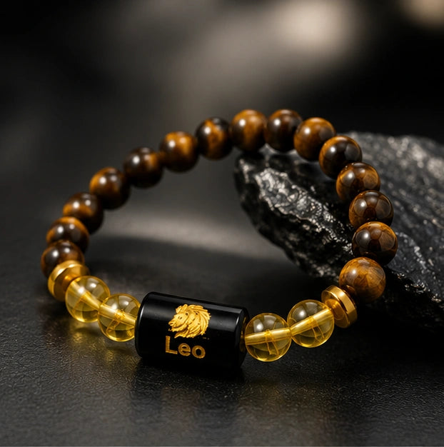 Leo Zodiac Tiger Eye & Citrine Gemstone Bracelet | Certified Natural Crystal Bracelet for Confidence, Leadership, Success & Prosperity