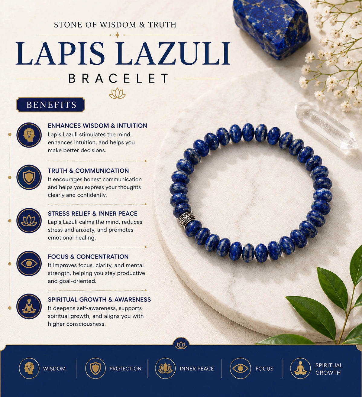 Lapis Lazuli Stone Bracelet for Communication & Clarity