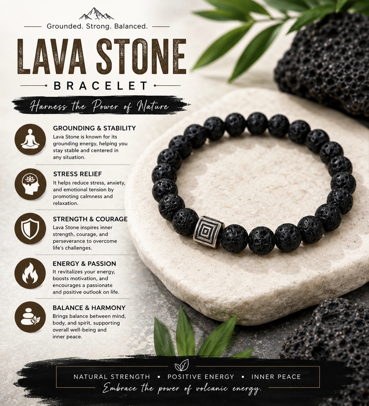 Lava Stone Certified Gemstone Bracelet for Grounding, Strength & Positive Energy