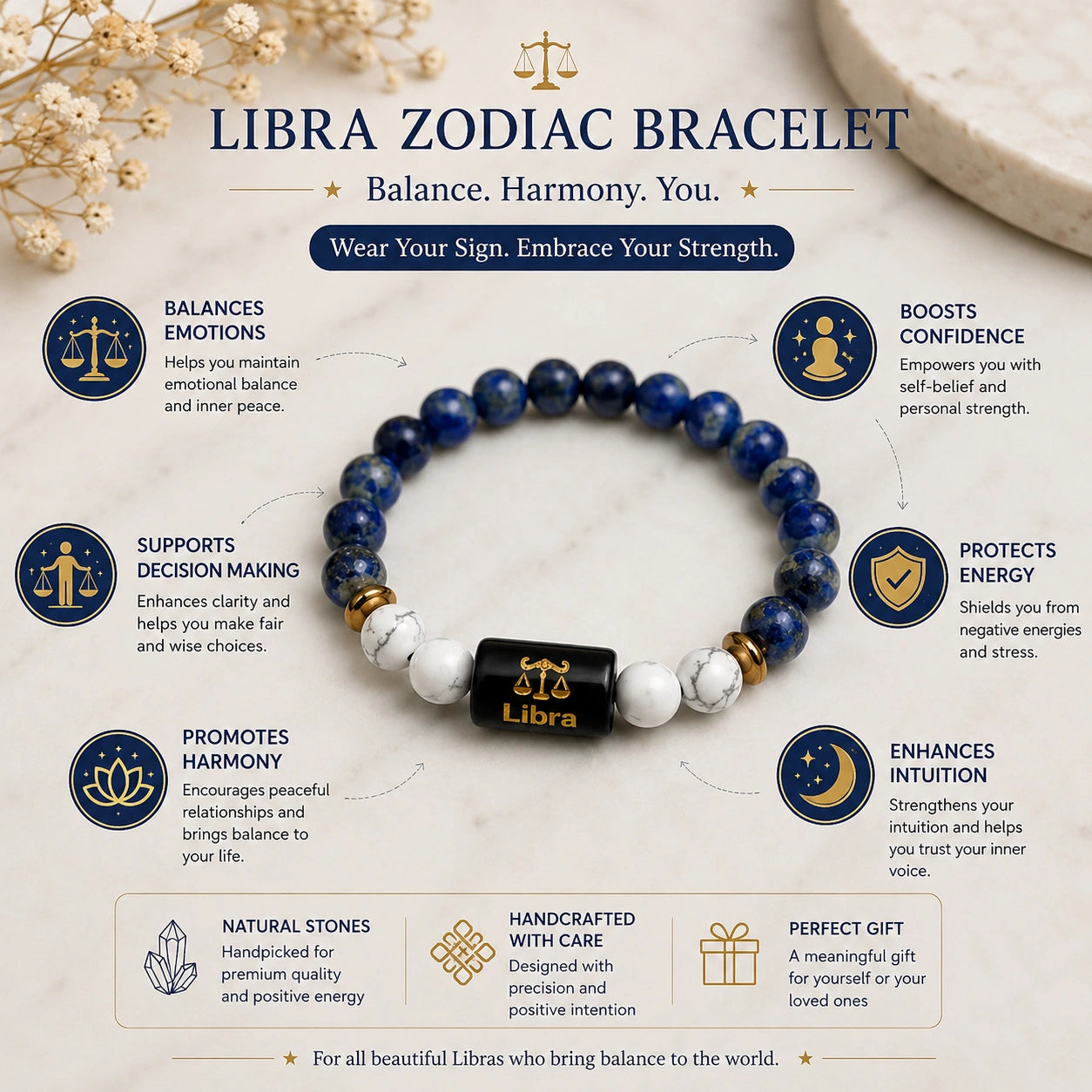 Libra Zodiac Gemstone Bracelet | Certified Natural Crystal Bracelet for Balance, Harmony & Prosperity