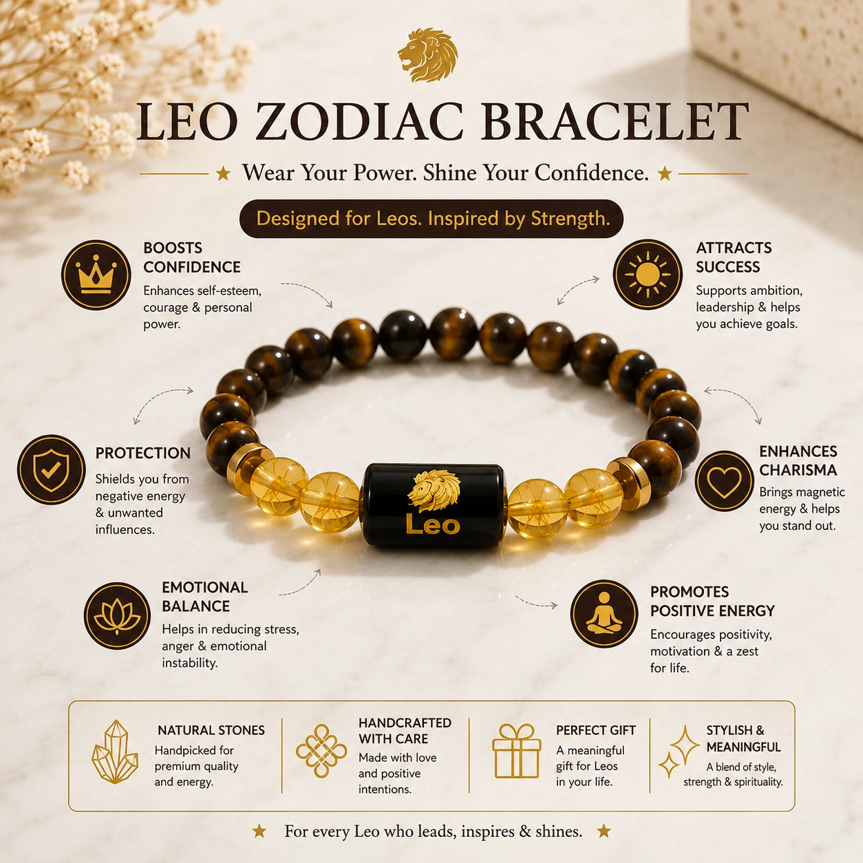 Leo Zodiac Tiger Eye & Citrine Gemstone Bracelet | Certified Natural Crystal Bracelet for Confidence, Leadership, Success & Prosperity