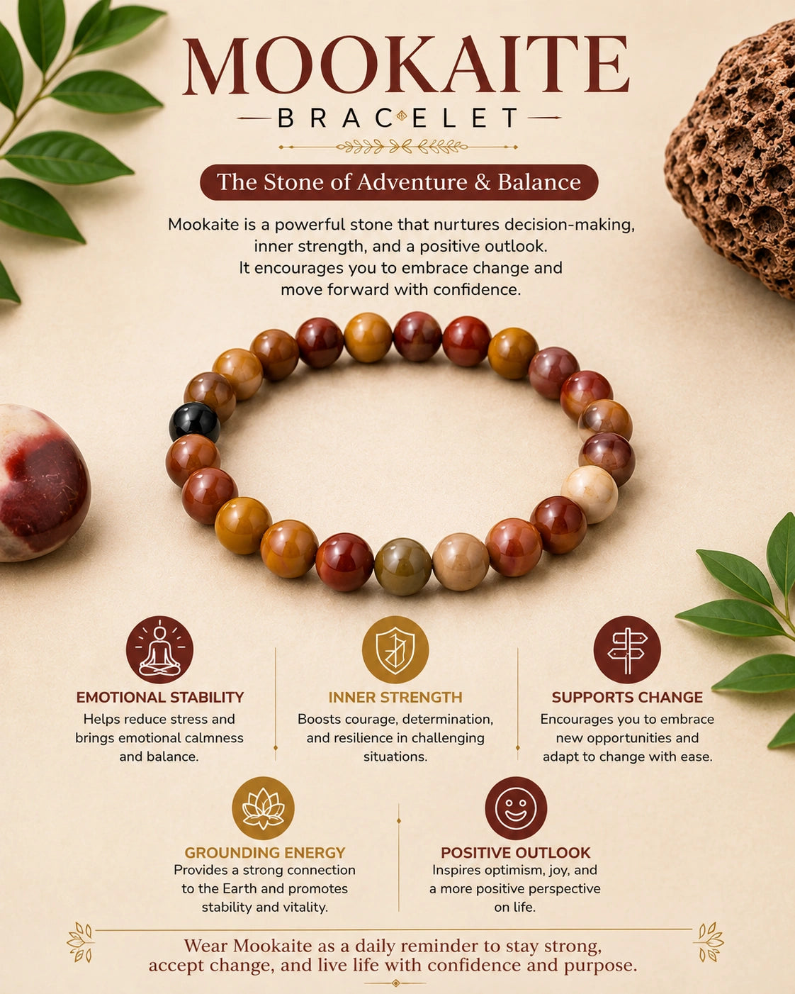 Certified Mookaite Jasper Stone Bracelet for Grounding, Healing & Emotional Strength