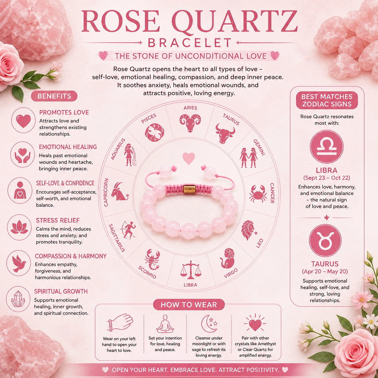 Natural Rose Quartz Bracelet – Heart Chakra Healing Crystal Jewelry