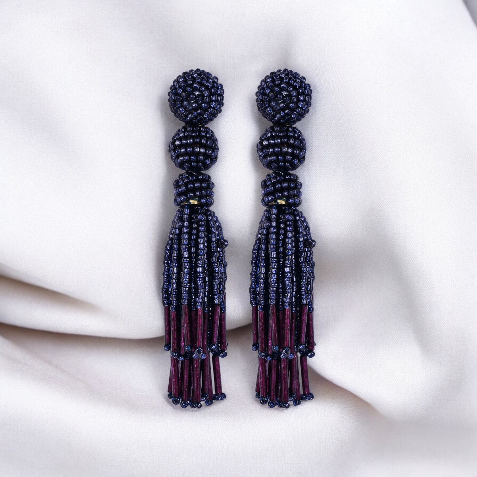 Chic Navy Blue Beaded Tassel Earrings