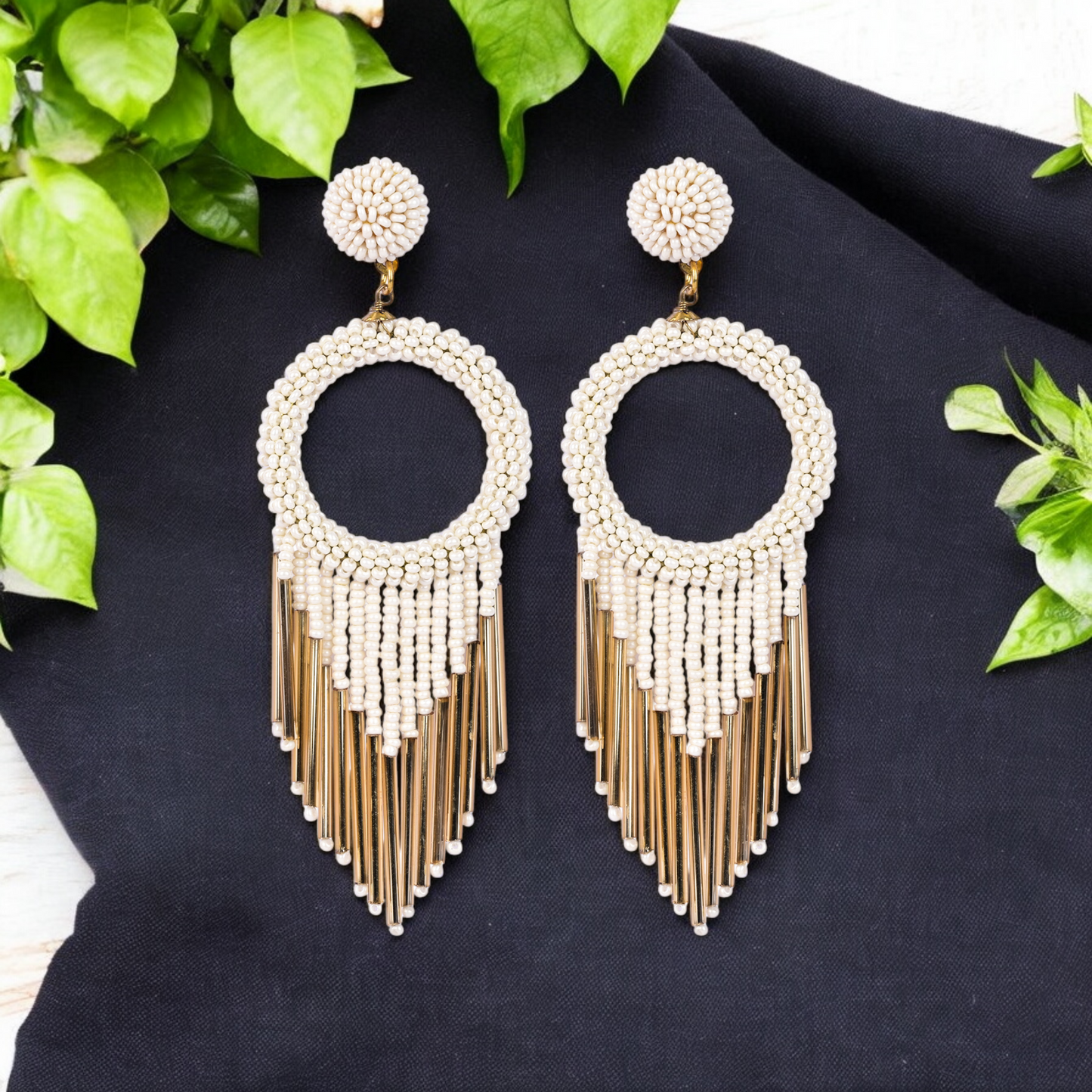 White Beaded Hoop Earrings with Gold Fringe – Elegant Statement Jewellery
