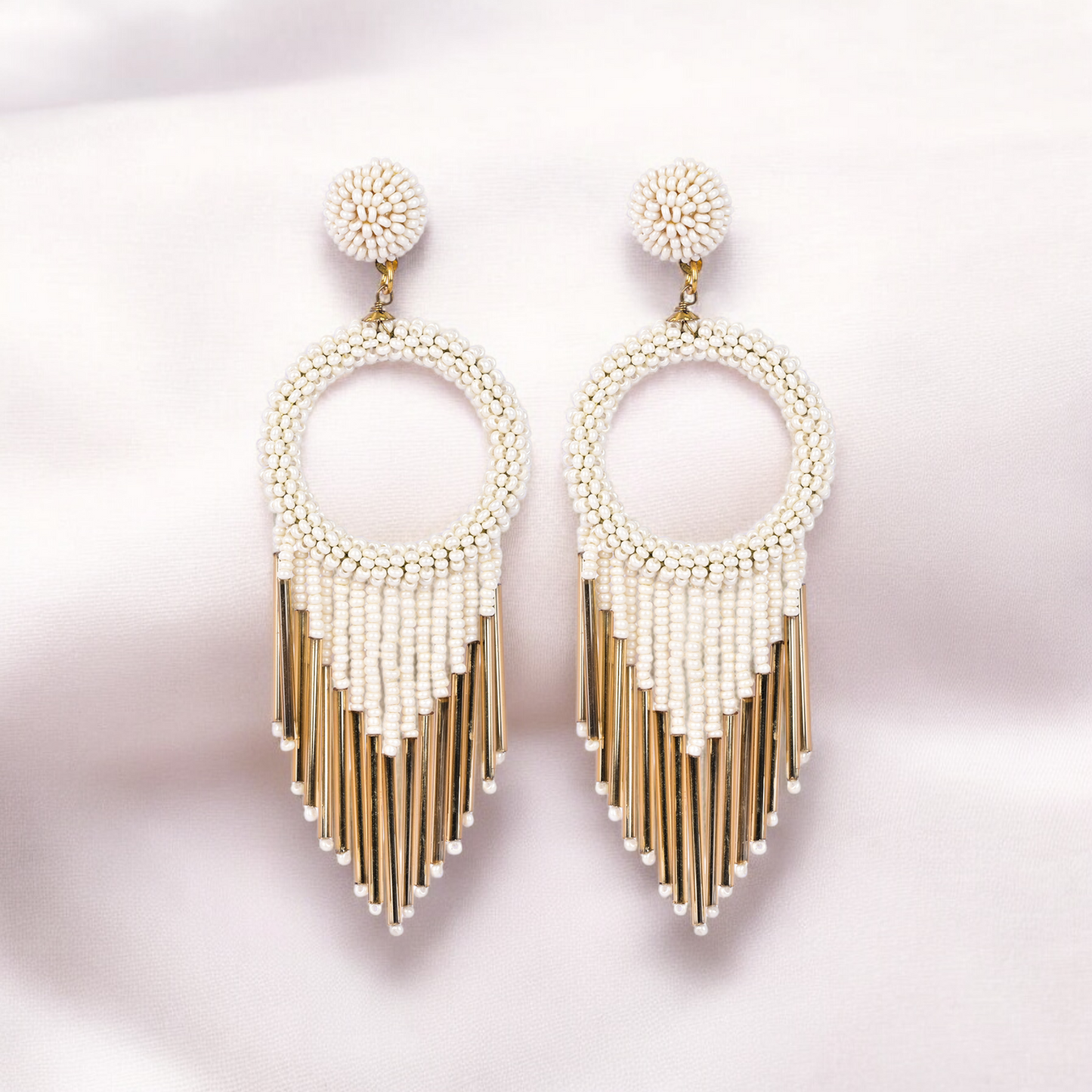 White Beaded Hoop Earrings with Gold Fringe – Elegant Statement Jewellery